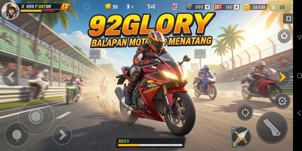 Screenshot gameplay <strong>92GLORY</strong> yang menunjukkan balapan motor yang mendebarkan.