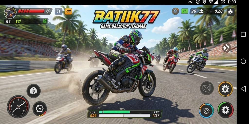 Tampilan gameplay menegangkan di BATIK77 saat balapan motor.