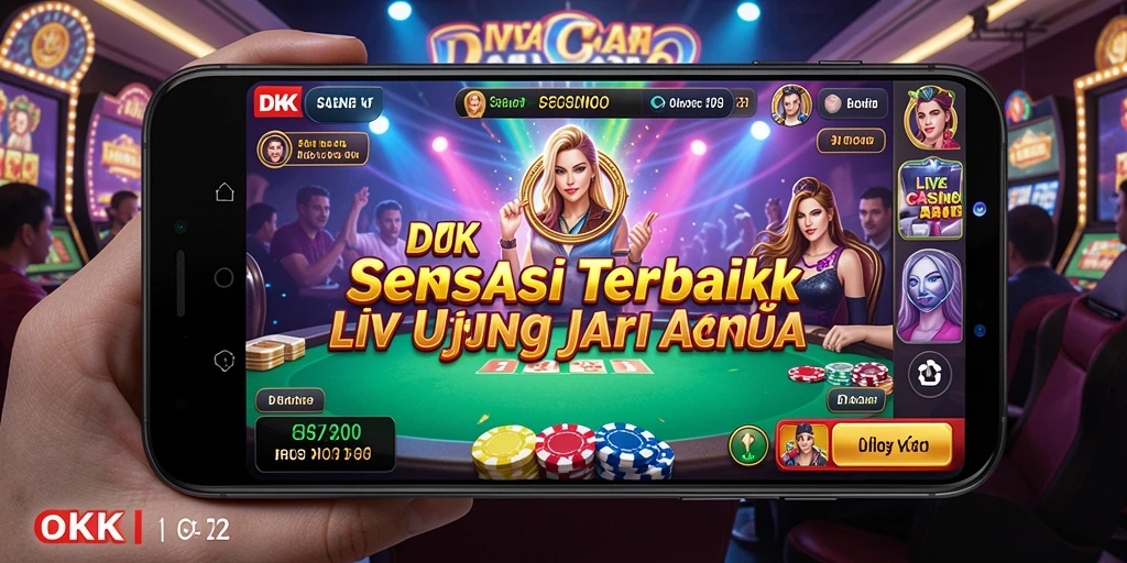 Screenshot gameplay DKK menampilkan dealer langsung dan suasana kasino interaktif.