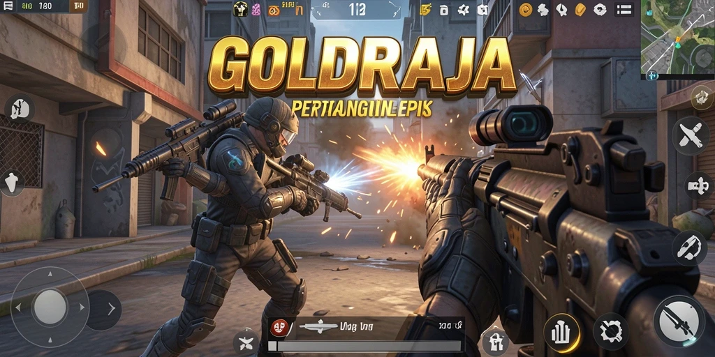 Tangkapan layar gameplay <strong>GOLDRAJA</strong> menampilkan aksi menembak yang mendebarkan.
