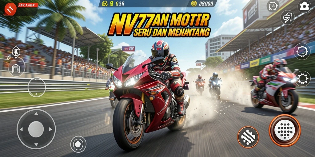 Gameplay NV77 yang mendebarkan dengan motor balap dan trek menantang.