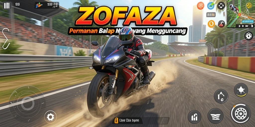 Screenshot gameplay ZOFAZA menampilkan aksi balapan motor yang mendebarkan.